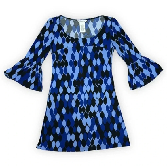 Y2K Speechless Mod Blue Geometric Bell Sleeve Dress - Picture 1 of 6